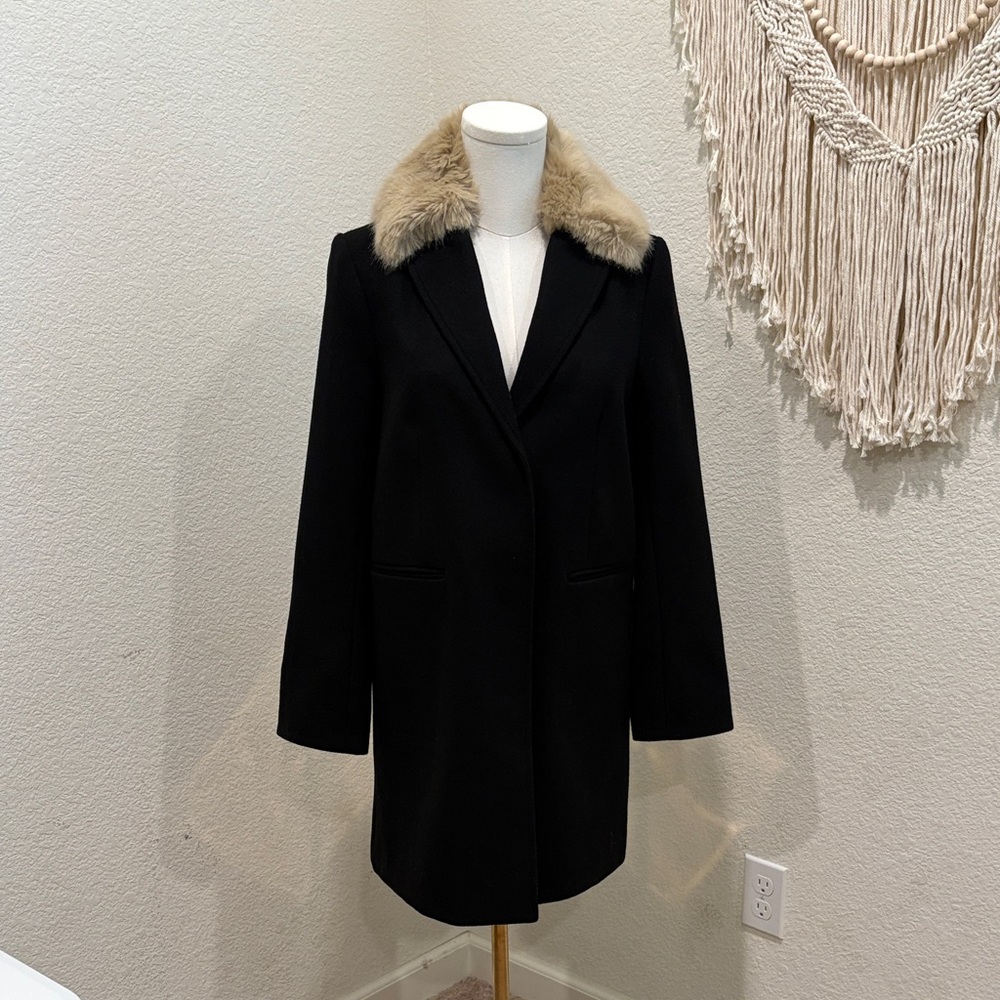 Topshop Black Trench Coat with Tan Faux Fur Collar